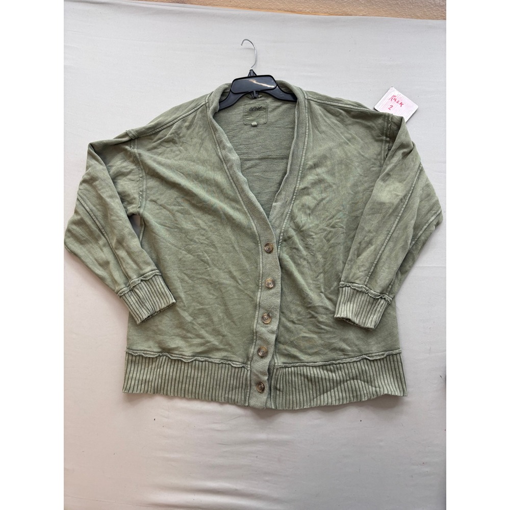 Aerie Sage Green French Terry Button Front Cardigan Relaxed Fit Raw Edge L/XL